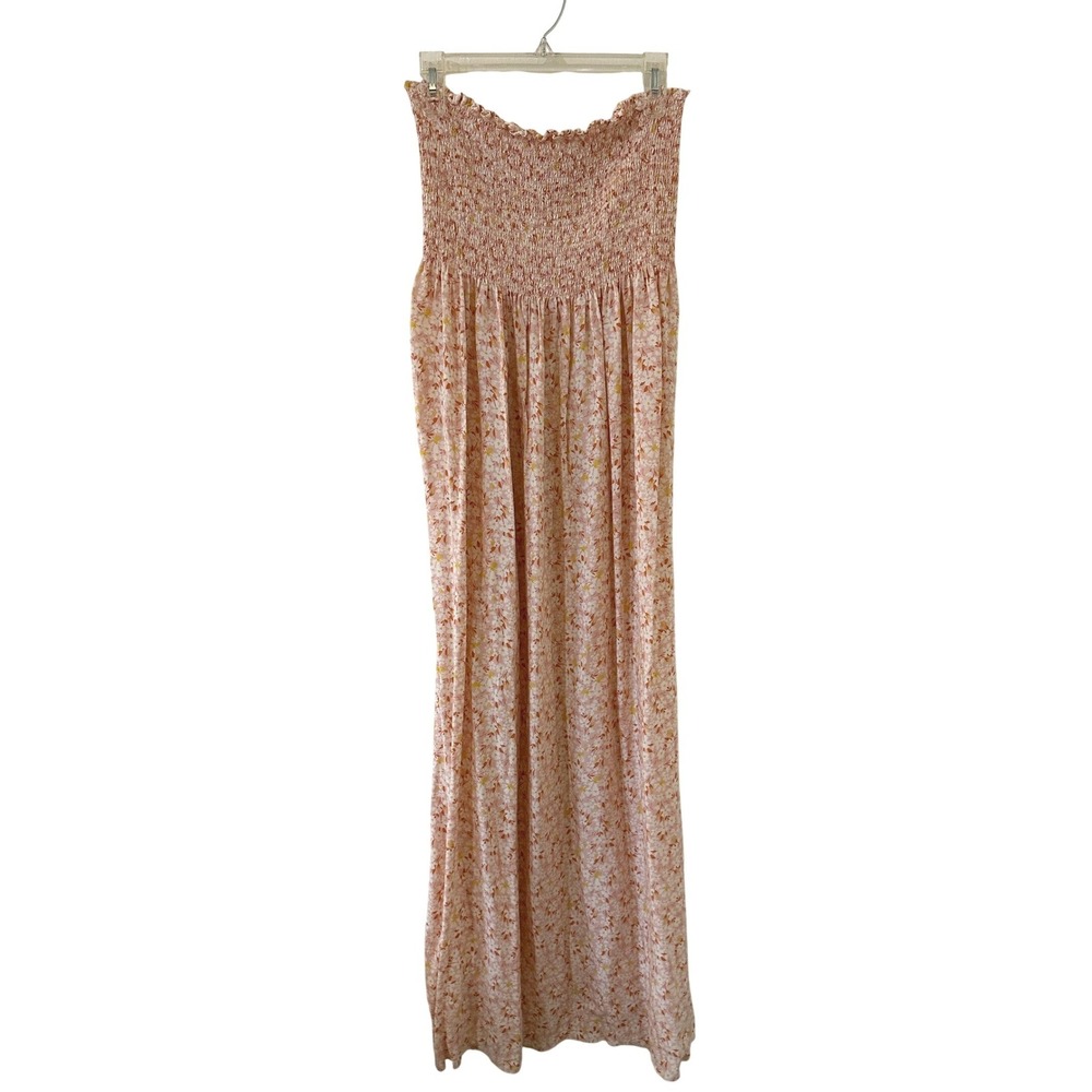 Floral Smocked Strapless Maxi Dress XS Pink Orange Boho Summer Festival Beach